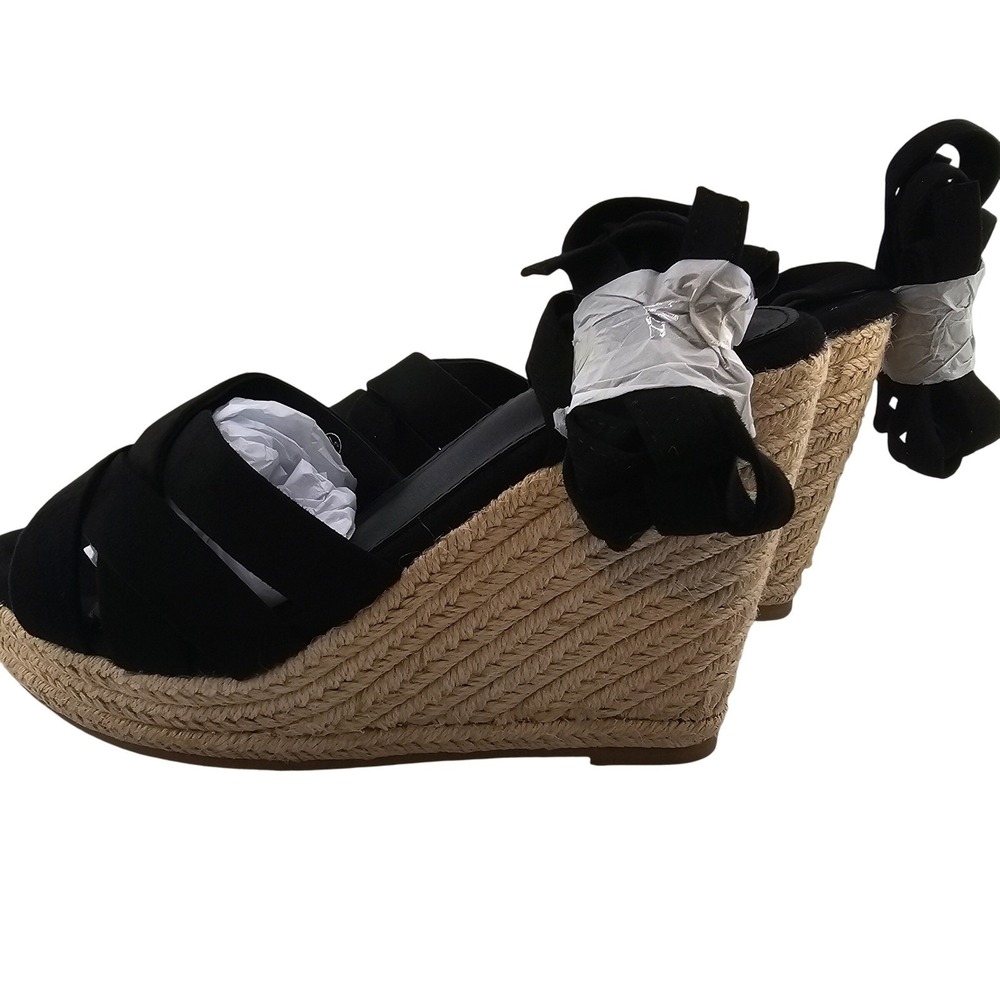 LAICIGO Women's Black Faux Suede Open Toe Espadrille Wedge Sandals Size 8.5‎ New - Picture 3 of 11